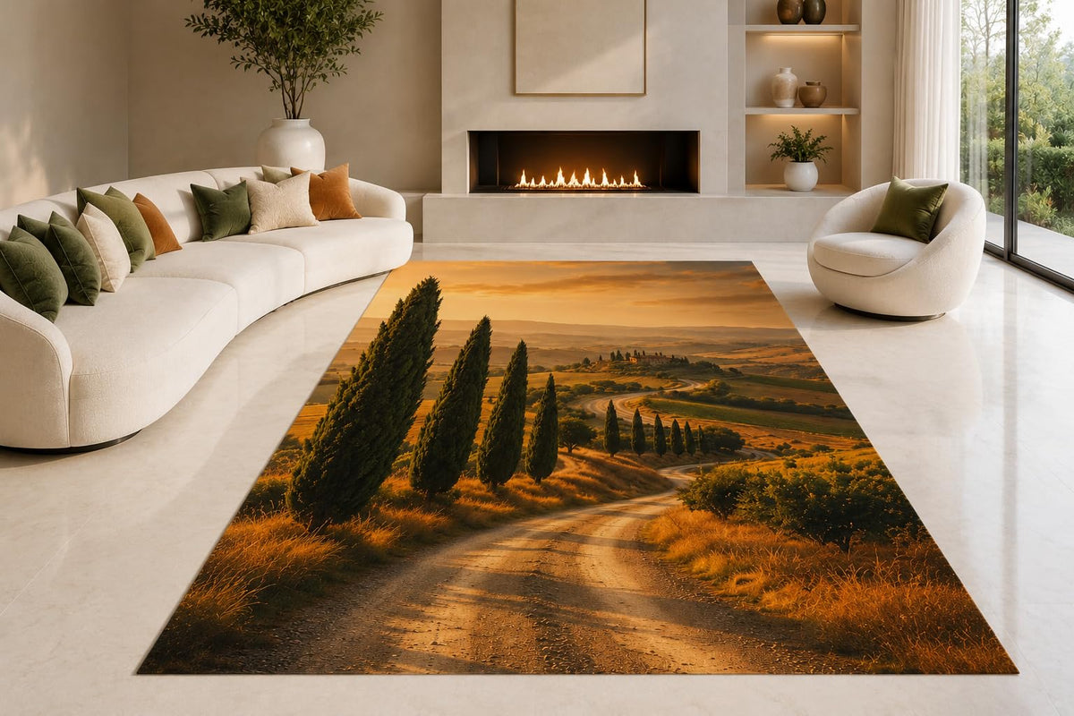 ICE ARMOR "Ultra Lightweight Large 6'7" x 9'10" Tuscan Cypress Road Area Rug for Living Room, Bedroom and Home Office, Soft Low Pile Carpet with Non-Slip Silicone Backing, Green and Brown
