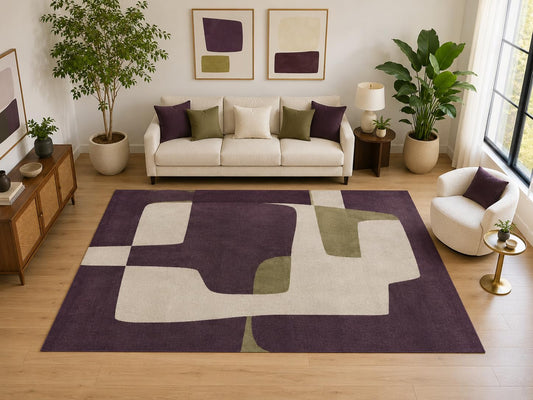 ICE ARMOR Large 6'7" x 9'10" Retro Block Geometric Area Rug for for Bedroom, Living Room, Soft Low Pile Indoor Rug with Non-Slip Silicone Backing, Plum Ivory Olive