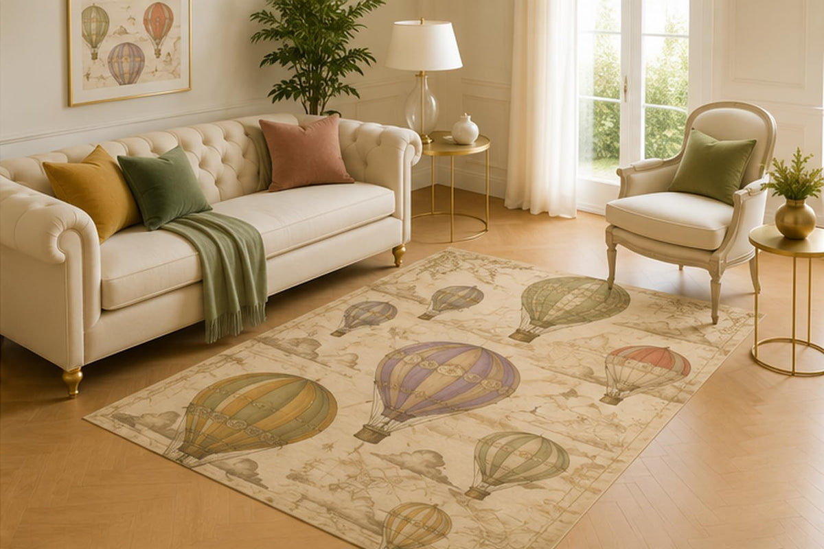 ICE ARMOR 5' x 7' Antique Hot Air Balloon Area Rug for Living Room, Soft Low Pile Floor Cover with Non-Slip Silicone Backing for Bedroom, Dining Room, Office, Kids and Pets
