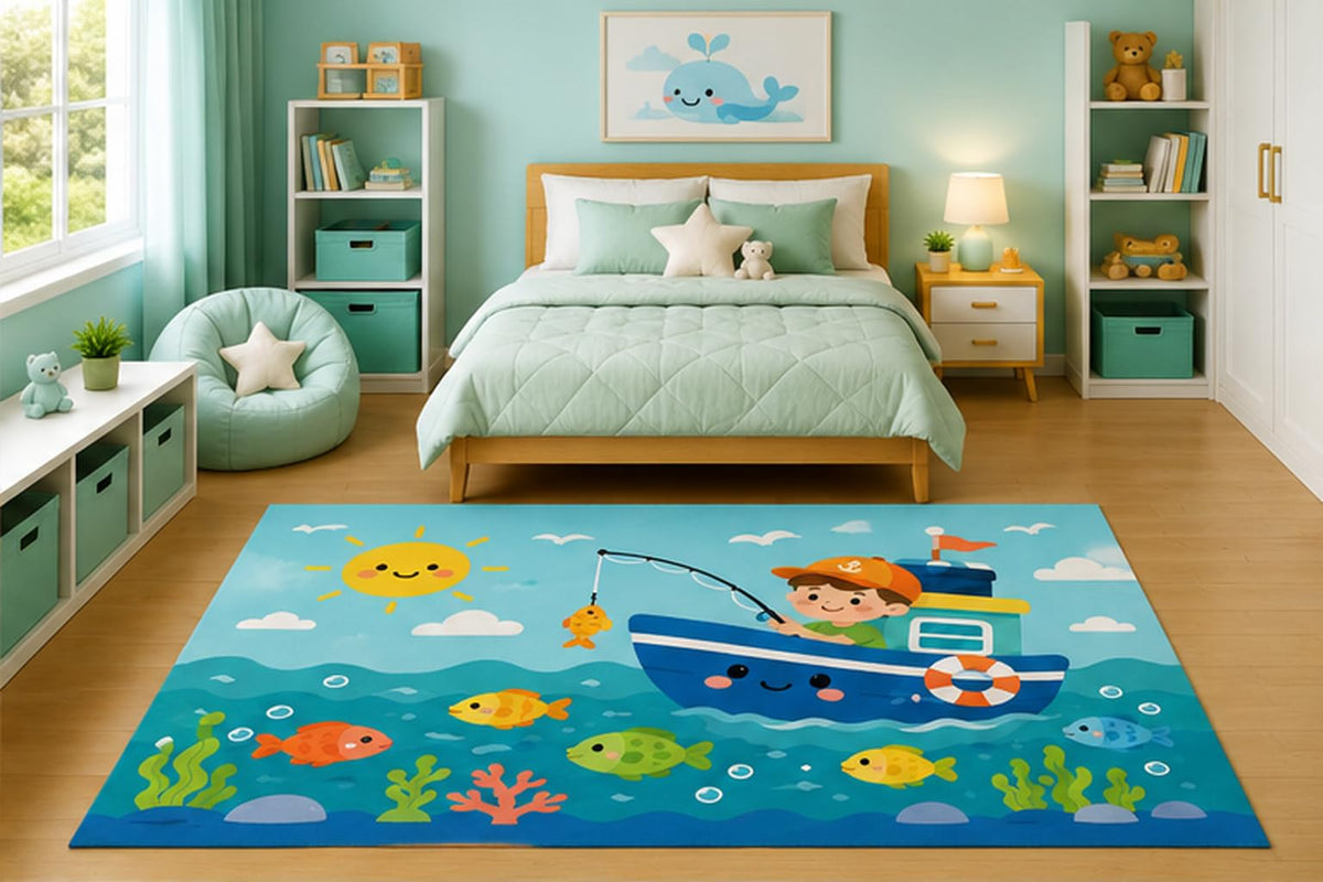 ICE ARMOR 5' x 7' Cute Fishing Boat and Happy Fish Area Rug for Boys Bedroom Nursery Playroom Scandinavian Minimalist Nautical Ocean Decor Non-Slip Silicone Backing Low Pile