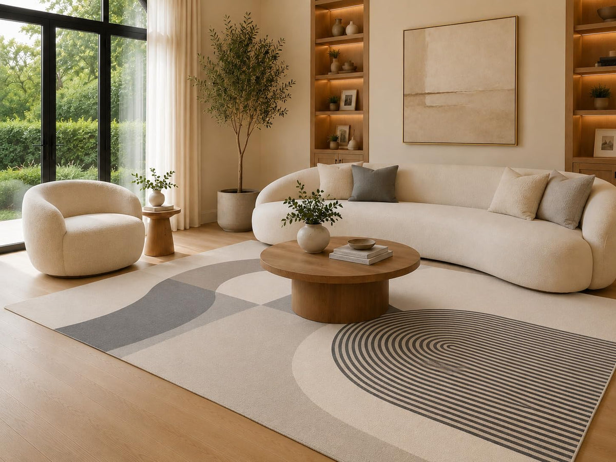 ICE ARMOR 6'7" x 9'10" Gray and Cream Modern Circle Arches Area Rug for Living Room, Soft Low Pile Carpet with Non-Slip Silicone Backing, Floor Decor for Bedroom, Dining Area and Home Office