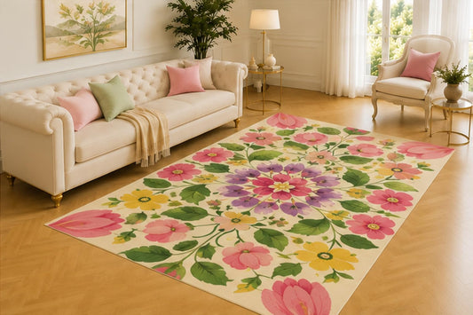 ICE ARMOR 5' x 7' Floral Mandala Rug, Pink, Purple and Yellow Garden Blooms Forming a Symmetrical Centerpiece, Bright Floor Decor for Bedroom or Studio