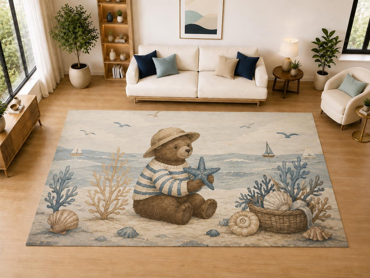 ICE ARMOR "Ultra Light Weight Large 6'7" x 9'10" Teddy Bear Beach Decor, Living Room, Bedroom, Dining Room, Office, Family Room, Soft Low Pile Indoor Rug, Non-Slip Silicone Backing, Beige