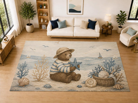 ICE ARMOR "Ultra Light Weight Large 6'7" x 9'10" Teddy Bear Beach Decor, Living Room, Bedroom, Dining Room, Office, Family Room, Soft Low Pile Indoor Rug, Non-Slip Silicone Backing, Beige