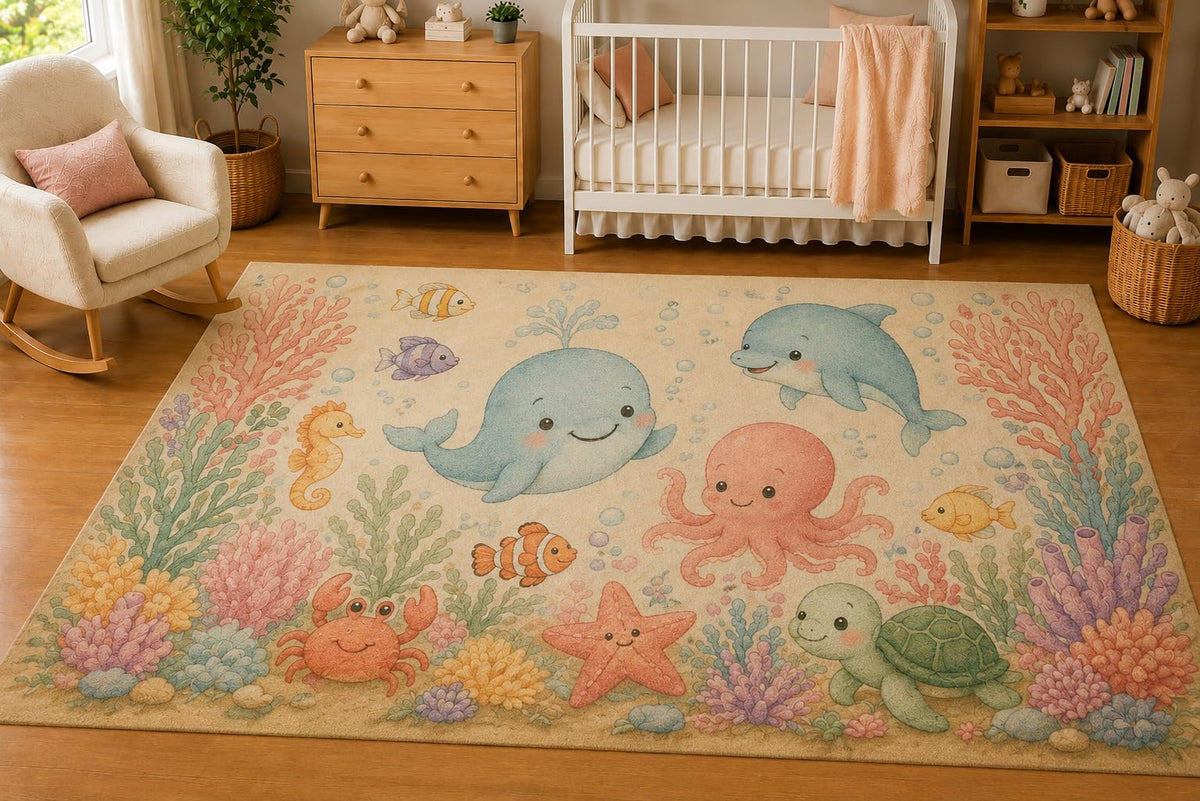ICE ARMOR 5' x 7' Baby Ocean Friends Coral Reef Area Rug for Nursery, Soft Low Pile Indoor Rug with Non-Slip Silicone Backing, Kids Room, Playroom, Kids & Pets, Aqua Pastel