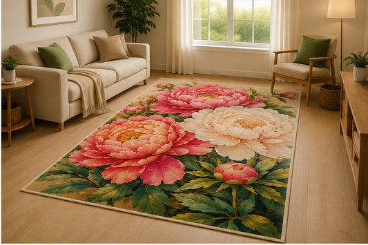 ICE ARMOR 5' x 7' Large Peony Blossom Area Rug for Living Room, Soft Low Pile Indoor Rug with Non-Slip Silicone Backing, Bedroom, Office, Family Room, Cream Pink