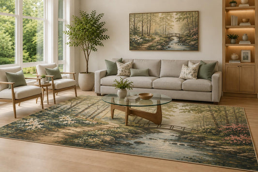 ICE ARMOR Large 6'7" x 9'10" Sage Green and Beige Forest Bridge Area Rug for Living Room, Soft Low Pile Carpet with Non-Slip Silicone Backing, Decor for Bedroom and Home Office