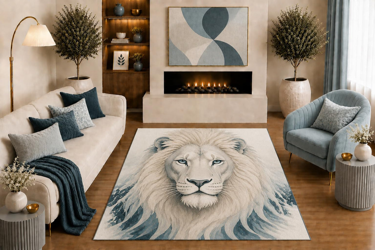 ICE ARMOR "Ultra Light Weight 5' x 7' White Lion Area Rug Modern Wildlife Portrait Art Ivory Blue Gray for Living Room Bedroom Office Nursery Decor Non-Slip Silicone Backing Low Pile
