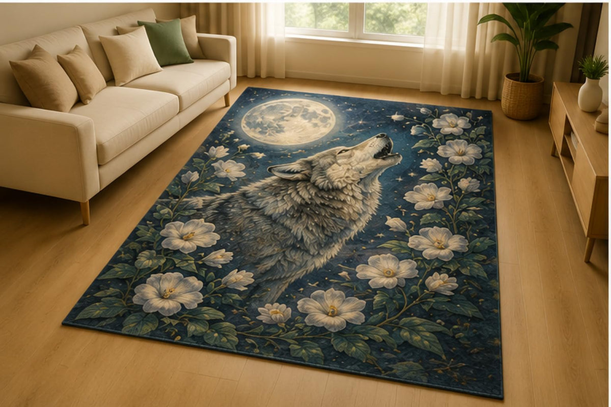 ICE ARMOR 5' x 7' Moonlit Wolf White Flower Area Rug for Living Room, Soft Low Pile Indoor Rug with Non-Slip Silicone Backing, Nature Wildlife Decor for Bedroom, Office, Family Room, Navy White