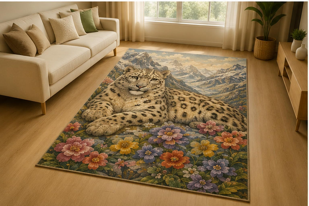 ICE ARMOR 5' x 7' Snow Leopard Wildflower Area Rug for Living Room, Soft Low Pile Indoor Rug with Non-Slip Silicone Backing, Wildlife Nature Decor for Bedroom, Office, Family Room, Kids & Pets