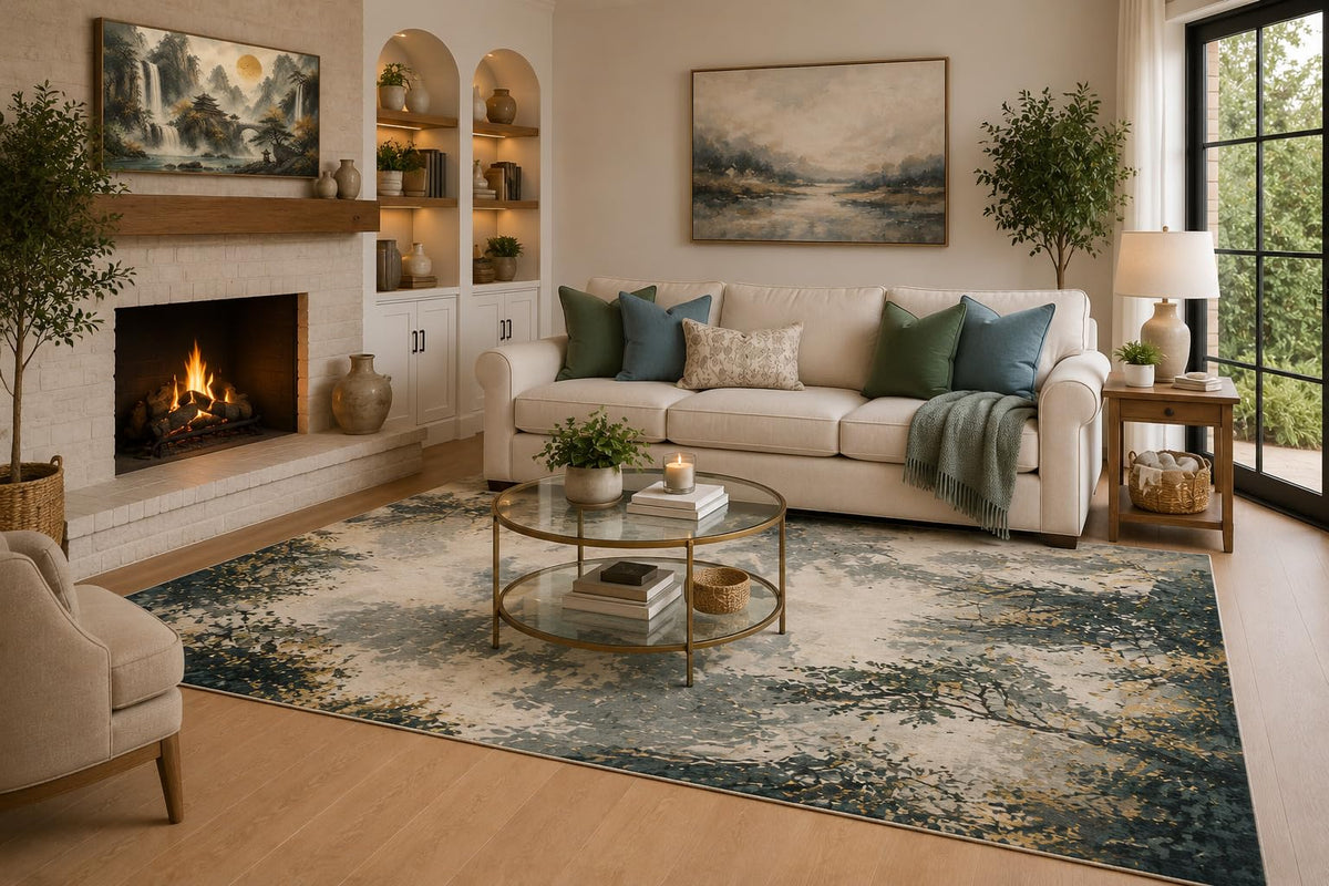 ICE ARMOR 6'7" x 9'10" Dark Teal, Cream and Beige Forest Reflections Area Rug for Living Room, Soft Low Pile Carpet with Non-Slip Backing for Bedroom and Home Office