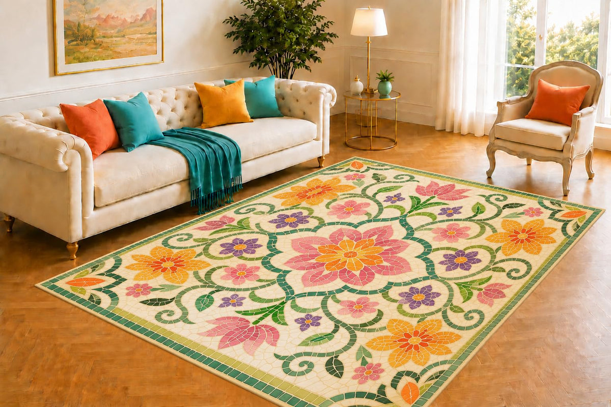 ICE ARMOR 5' x 7' Floral Mosaic Tile Area Rug for Living Room, Soft Low Pile Indoor Floor Cover with Non-Slip Silicone Backing for Bedroom, Dining Room, Office, Kids and Pets