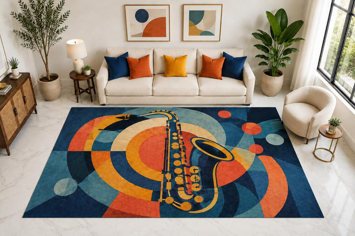 ICE ARMOR "Ultra Light Weight Large 6'7" x 9'10" Saxophone Circle Rug, Soft Low Pile Indoor Rug, Non-Slip Silicone Backing for Living Room Blue
