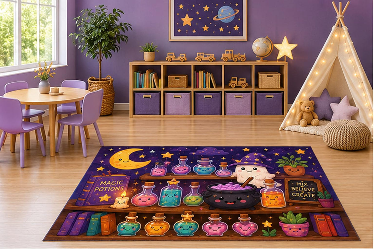 ICE ARMOR 5' x 7' Magic Potion Halloween Kids Area Rug, Cute Ghost Witch Cauldron Spell Bottles Cartoon Playroom Nursery Bedroom Decor, Non-Slip Silicone Backing Low Pile