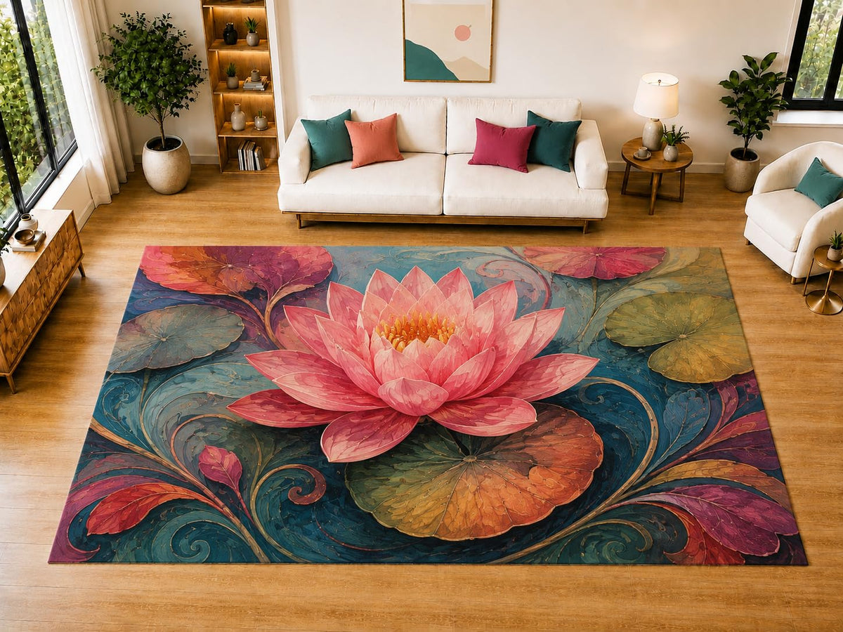 ICE ARMOR "Ultra Light Weight Large 6'7" x 9'10" Lotus Pond Area Rug for Living Room Bedroom Dining Room, Soft Low Pile Non-Slip Backing, Pink Teal Orange Purple Botanical Decor
