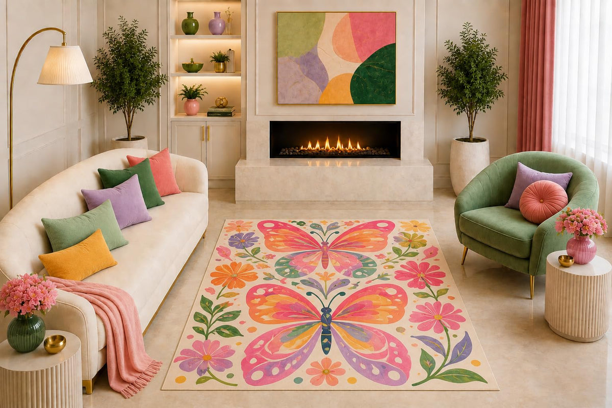 ICE ARMOR "Ultra Light Weight 5' x 7' Pink Butterfly Floral Area Rug Whimsical Botanical Garden Art Decor for Bedroom Kids Room Nursery Playroom Non-Slip Silicone Backing Low Pile