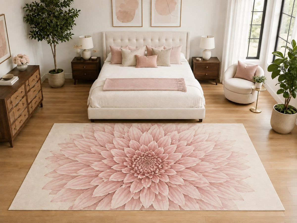 ICE ARMOR "Ultra Light Weight Large 6'7" x 9'10" Pink Chrysanthemum Rug, Soft Low Pile Indoor Rug, Non-Slip Silicone Backing for Bedroom Pink