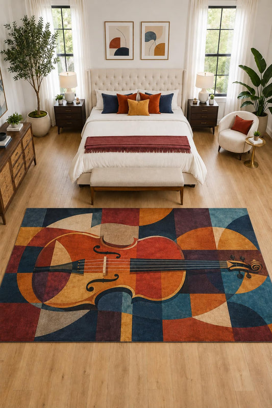 ICE ARMOR "Ultra Light Weight Large 6'7" x 9'10" Geometric Violin Rug, Soft Low Pile Indoor Rug, Non-Slip Silicone Backing for Bedroom Blue