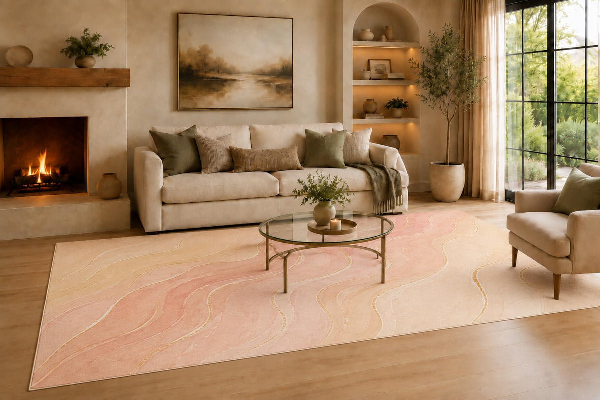 ICE ARMOR Large 6'7" x 9'10" Peach and Cream Warm Mineral Ribbons Area Rug for Living Room, Soft Low Pile Carpet with Non-Slip Backing for Bedroom, Dining Room and Office
