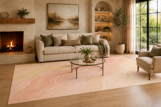 ICE ARMOR Large 6'7" x 9'10" Peach and Cream Warm Mineral Ribbons Area Rug for Living Room, Soft Low Pile Carpet with Non-Slip Backing for Bedroom, Dining Room and Office