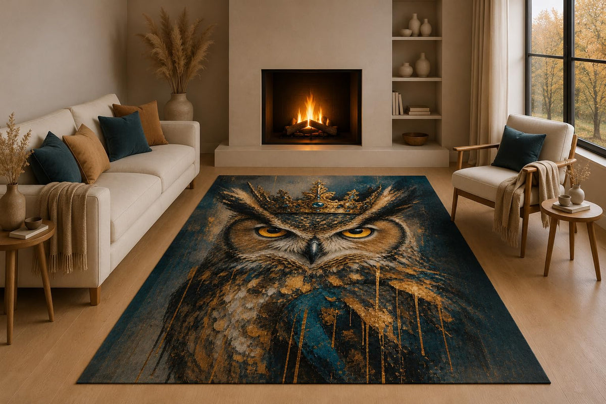 ICE ARMOR 5' x 7' Crowned Owl Area Rug with Non-Slip Silicone Backing Low Pile Soft Carpet for Living Room Bedroom Office Wildlife Bird Art Decor