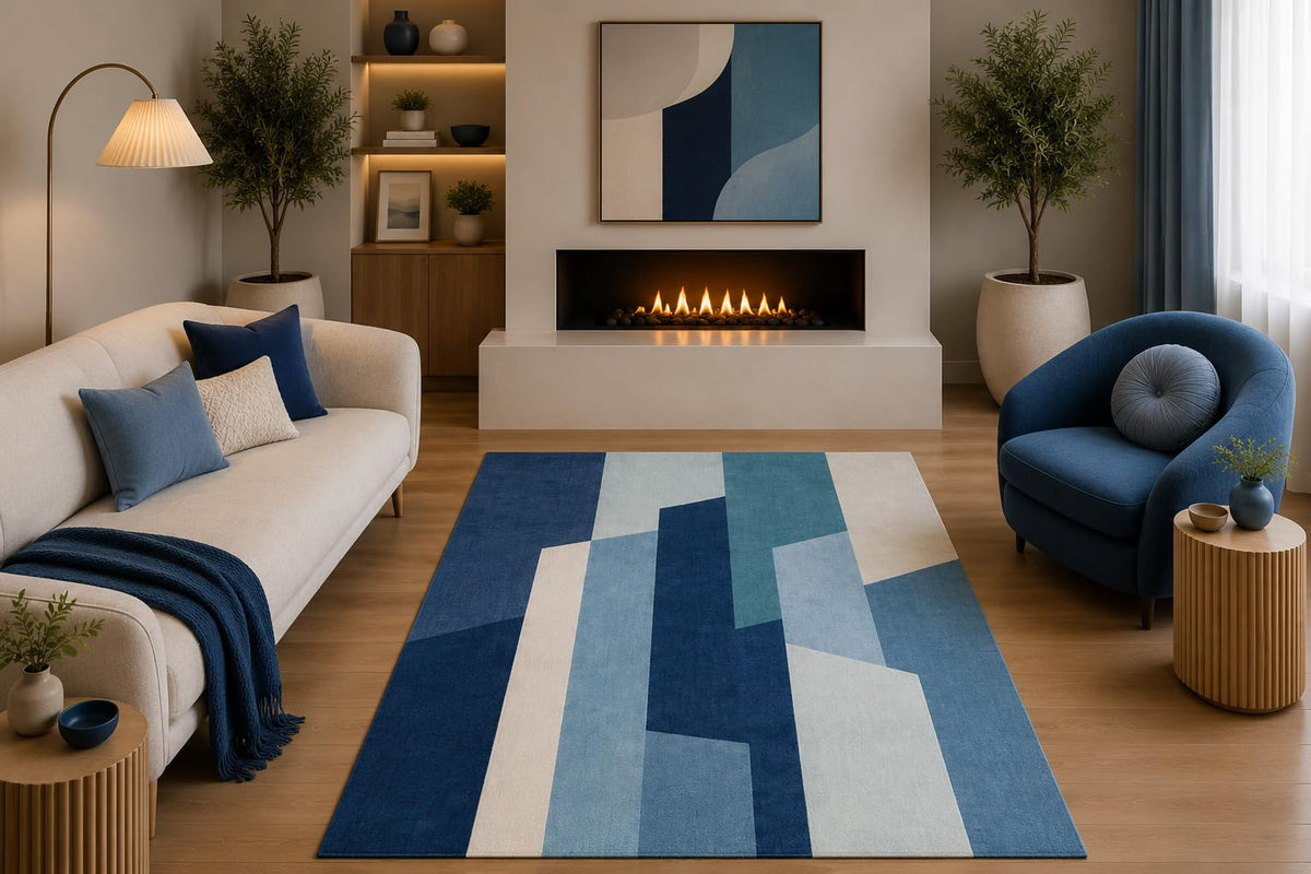 ICE ARMOR 5' x 7' Contemporary Geometric Area Rug Navy Blue Teal Beige Color Block Design for Living Room Bedroom Dining Room Office Non-Slip Silicone Backing Low Pile