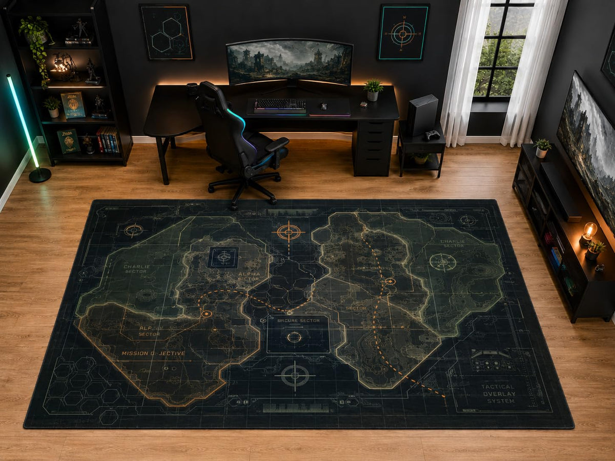 ICE ARMOR "Ultra Light Weight Large 6'7" x 9'10" Tactical Mission Map Area Rug for Bedroom Office, Soft Low Pile Indoor Rug and Non-Slip Silicone Backing, Dark Green