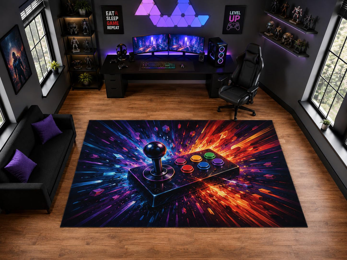 ICE ARMOR "Ultra Light Weight Large 6'7" x 9'10" Arcade Joystick Explosion Area Rug for Playroom Decor, Soft Low Pile Indoor Rug with Non-Slip Silicone Backing, Black Red Blue