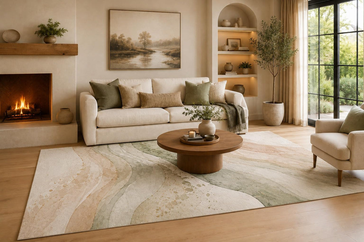 ICE Armor Large 6'7" x 9'10" Sage Green and Beige Flowing Marble Ribbons Area Rug for Living Room, Soft Low Pile Carpet with Non-Slip Silicone Backing, Decor for Bedroom, Dining Area and Home Office