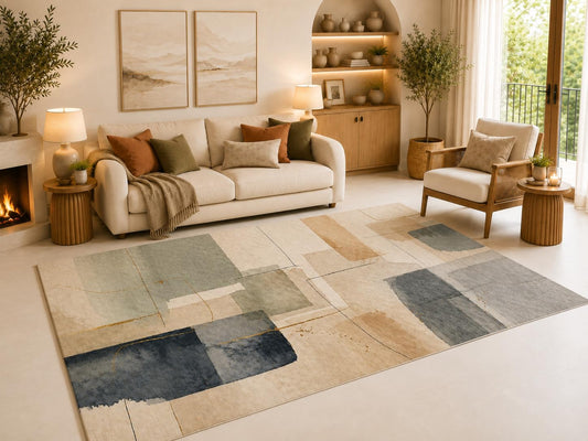 ICE Armor 6'7" x 9'10" Modern Sage Navy Blocks Area Rug for Living Room, Soft Low Pile Carpet with Non-Slip Silicone Backing, for Bedroom, Dining Area and Office, Multicolored, Stylish Indoor Decor