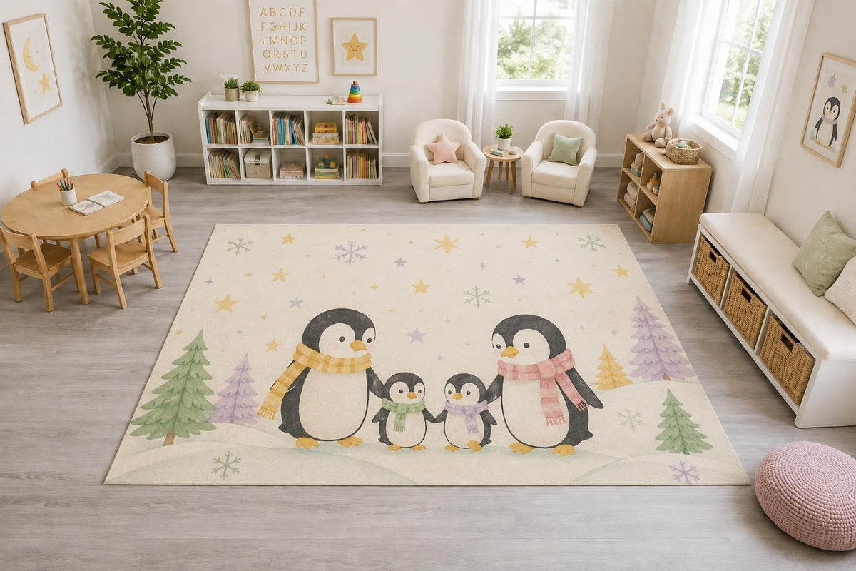 ICE ARMOR "Ultra Light Weight Large 6'7" x 9'10" Penguin Family Winter Rug, Soft Low Pile Indoor Rug, Non-Slip Silicone Backing Nursery Kids Cream
