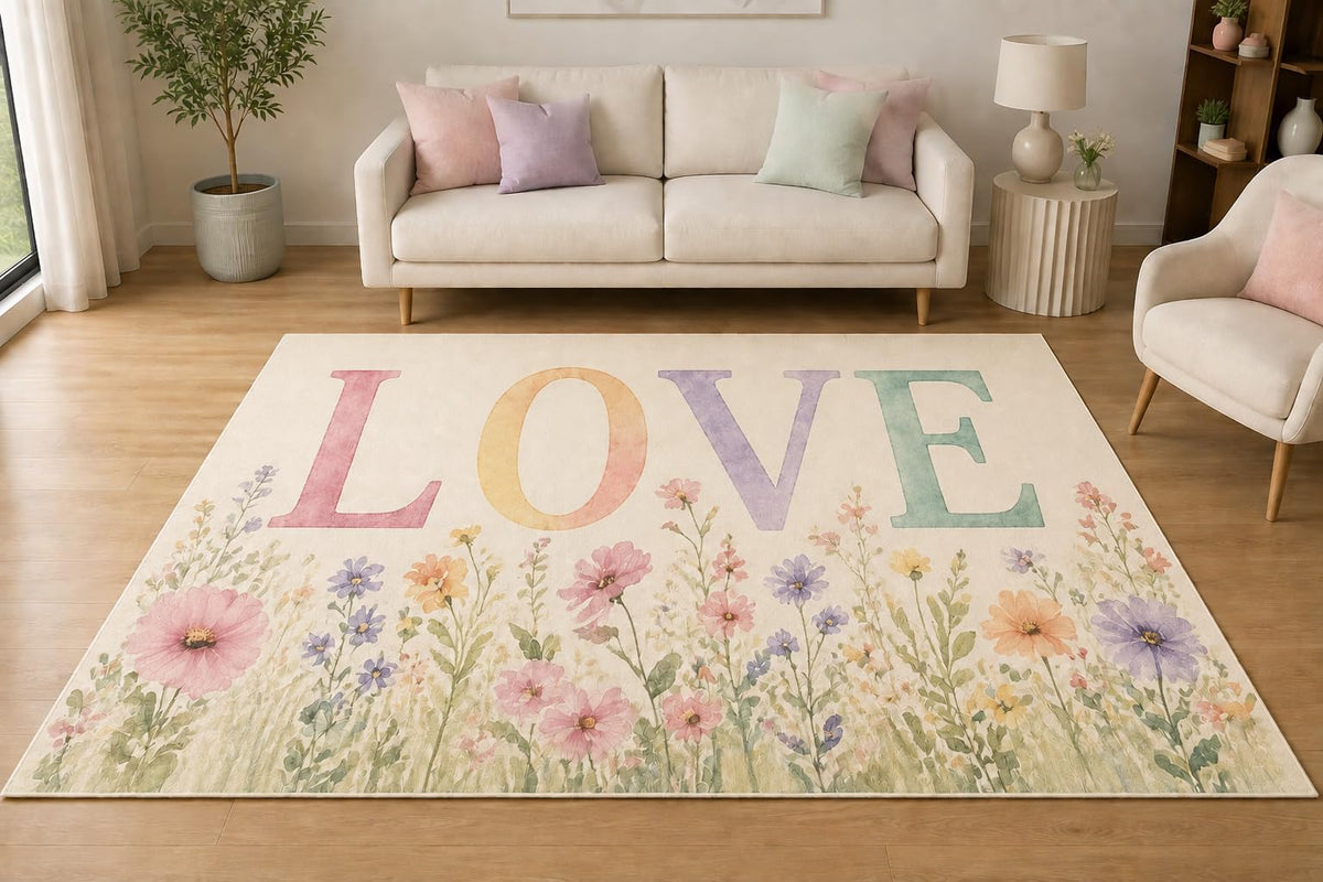 ICE ARMOR 5' x 7' Watercolor Garden Love Area Rug, Soft Low Pile Indoor Rug with Non-Slip Silicone Backing for Living Room, Bedroom, Nursery, Family Room, Cream Pink Lavender
