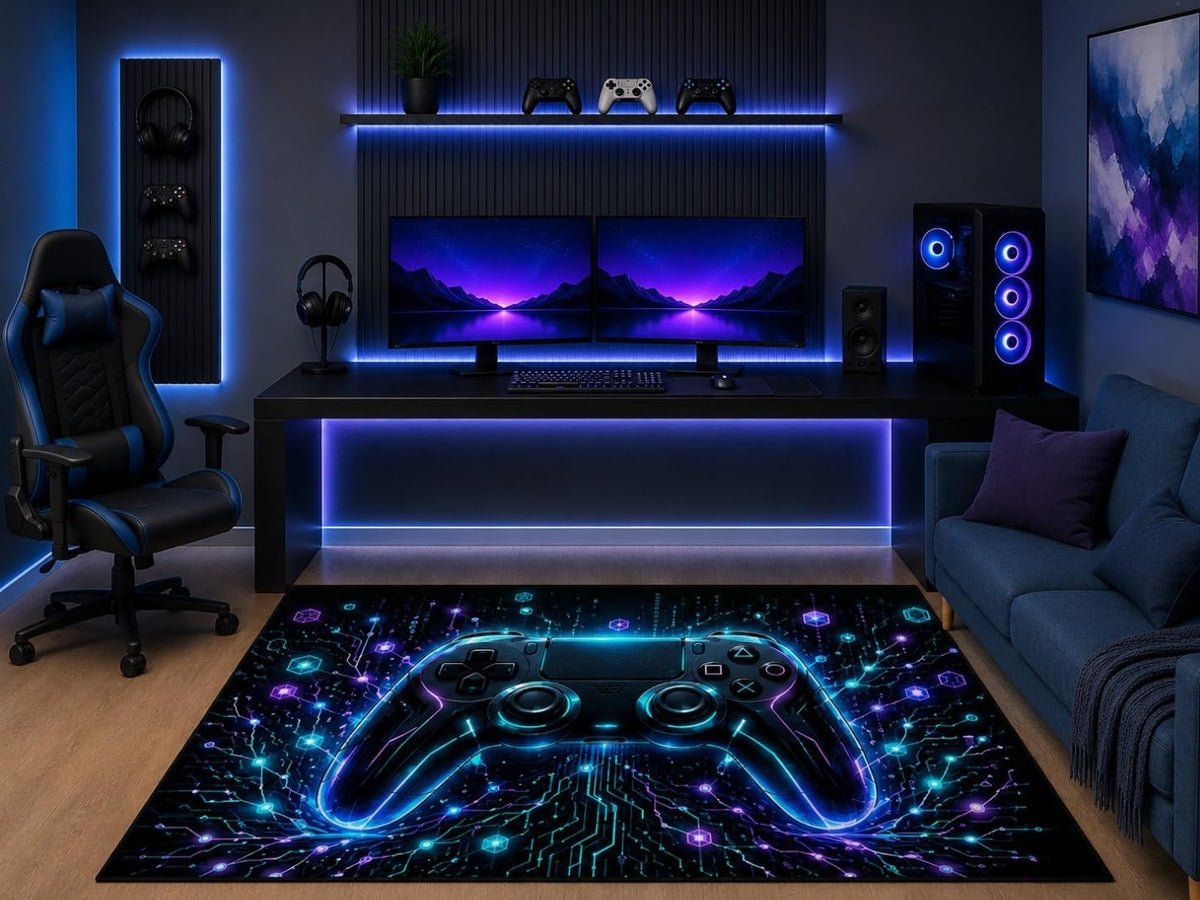 ICE ARMOR 5' x 7' Futuristic Cyber Gaming Controller Area Rug Neon Circuit Board Tech Art Gamer Bedroom Game Room Office Decor Non-Slip Silicone Backing Low Pile
