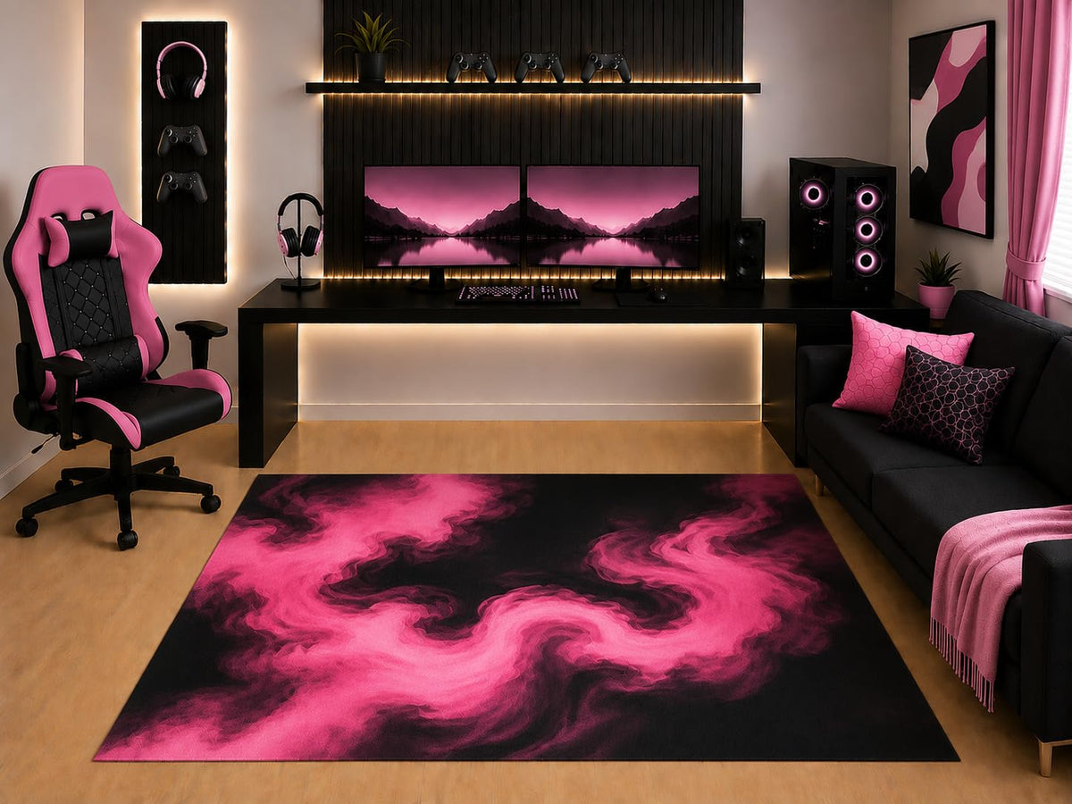 ICE ARMOR "Ultra Light Weight 5' x 7' Hot Pink Black Smoke Area Rug Modern Abstract Flame Swirl Art for Gaming Room Bedroom Living Room Non-Slip Silicone Backing Low Pile
