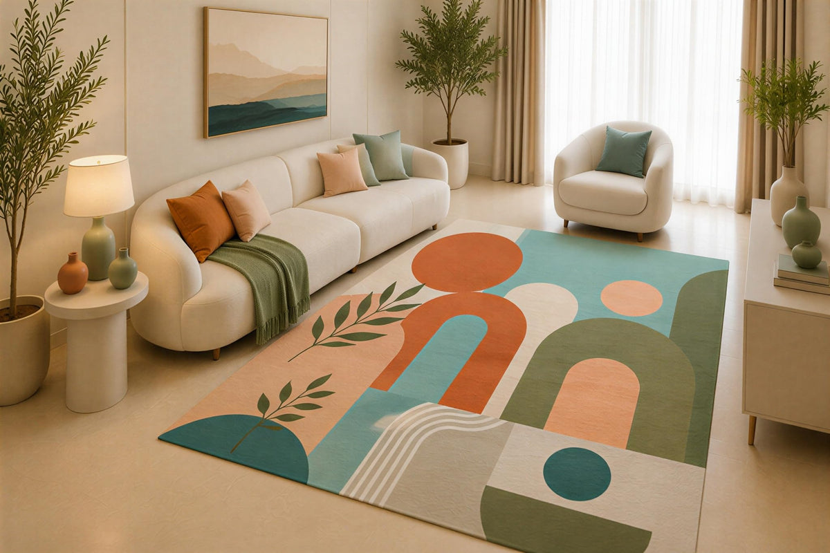 ICE ARMOR 5' x 7' Mid Century Modern Area Rug, Teal Terracotta Geometric Arch Pattern for Living Room Bedroom Office, Non-Slip Silicone Backing, Low Pile Carpet