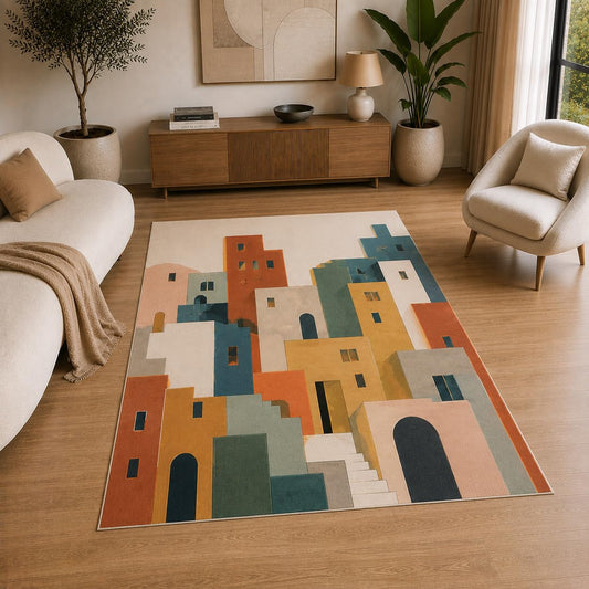 ICE ARMOR 5' x 7' Colorful Mediterranean Village Area Rug for Living Room, Soft Low Pile Indoor Rug with Non-Slip Silicone Backing, Decorative Carpet for Bedroom, Office, Family Room, Multicolor