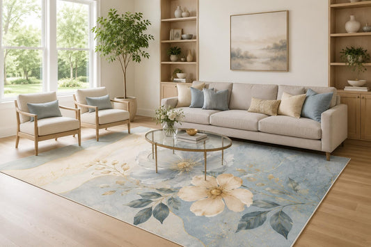 ICE ARMOR Large 6'7" x 9'10" Blue and Cream Botanical Poppy Garden Area Rug for Living Room, Soft Low Pile Carpet with Non-Slip Silicone Backing, Decor for Bedroom and Home Office