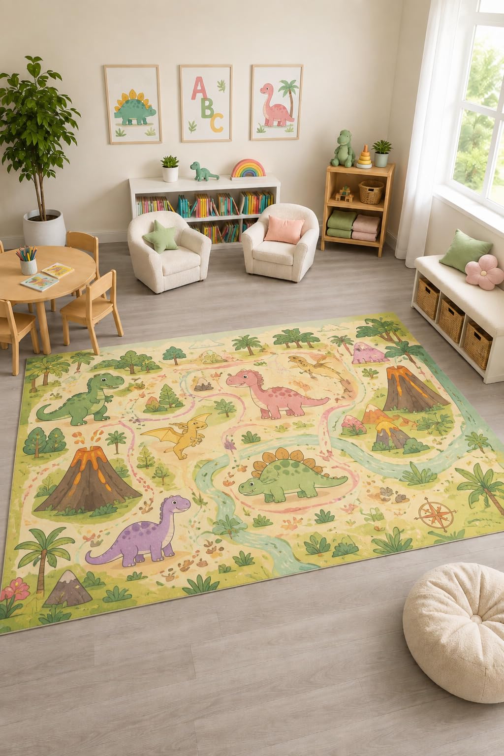 ICE ARMOR "Ultra Light Weight Large 6'7" x 9'10" Dinosaur Adventure Map Rug, Soft Low Pile Indoor Rug, Non-Slip Silicone Backing Nursery Kids Green