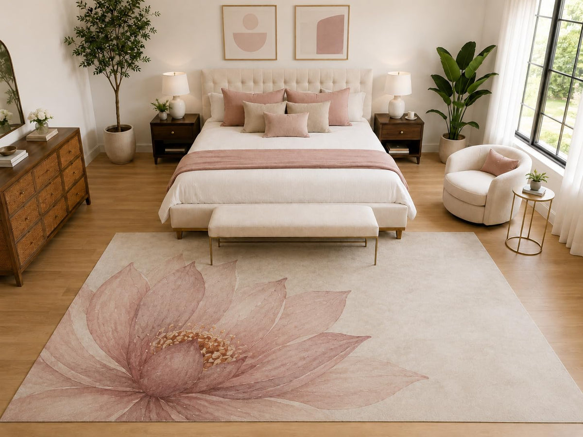 ICE ARMOR "Ultra Light Weight Large 6'7" x 9'10" Corner Lotus Floral Rug, Soft Low Pile Indoor Rug, Non-Slip Silicone Backing for Bedroom Pink