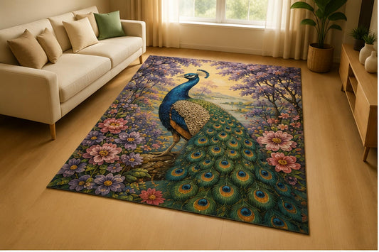 ICE ARMOR 5' x 7' Peacock Lavender Garden Area Rug for Living Room, Soft Low Pile Indoor Rug with Non-Slip Silicone Backing, Elegant Bird Decor for Bedroom, Dining Room, Office