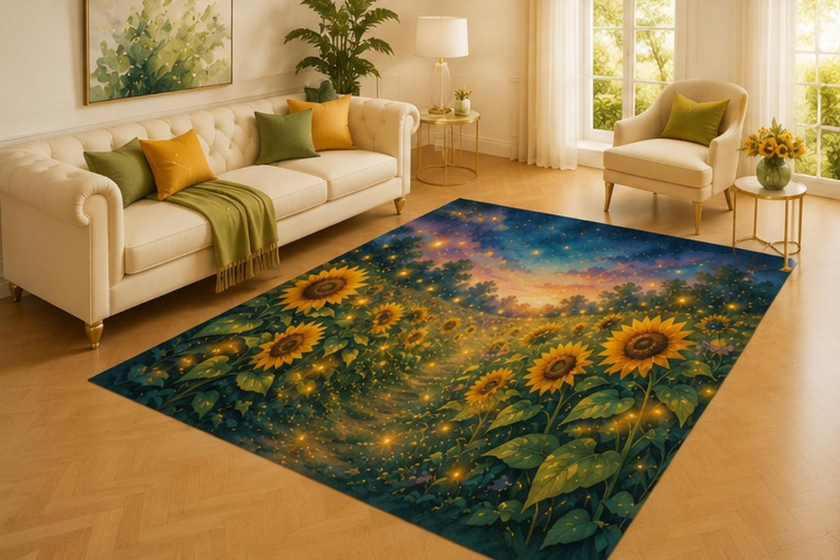ICE ARMOR 5' x 7' Sunflower Firefly Rug, Glowing Summer Field Beneath a Starry Twilight Sky, Soft Floor Cover for Living Room, Bedroom and Botanical Decor