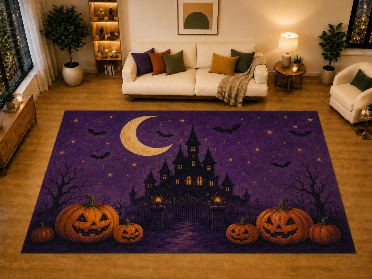 ICE ARMOR "Ultra Light Weight Large 6'7" x 9'10" Haunted Castle Pumpkin Area Rug for Living Room Bedroom, Soft Low Pile Non-Slip Backing, Purple Orange Halloween Decor