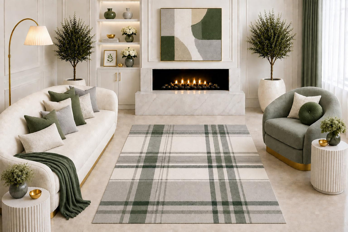 ICE ARMOR "Ultra Light Weight 5' x 7' Gray Green Plaid Area Rug Modern Farmhouse Checkered Pattern Living Room Bedroom Dining Room Non-Slip Silicone Backing Low Pile