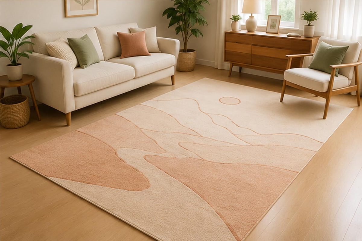 ICE ARMOR 5' x 7' Abstract Desert Landscape Area Rug for Living Room, Soft Low Pile Indoor Rug with Non-Slip Silicone Backing, Modern Decorative Carpet for Bedroom, Dining Room, Office, Blush Beige