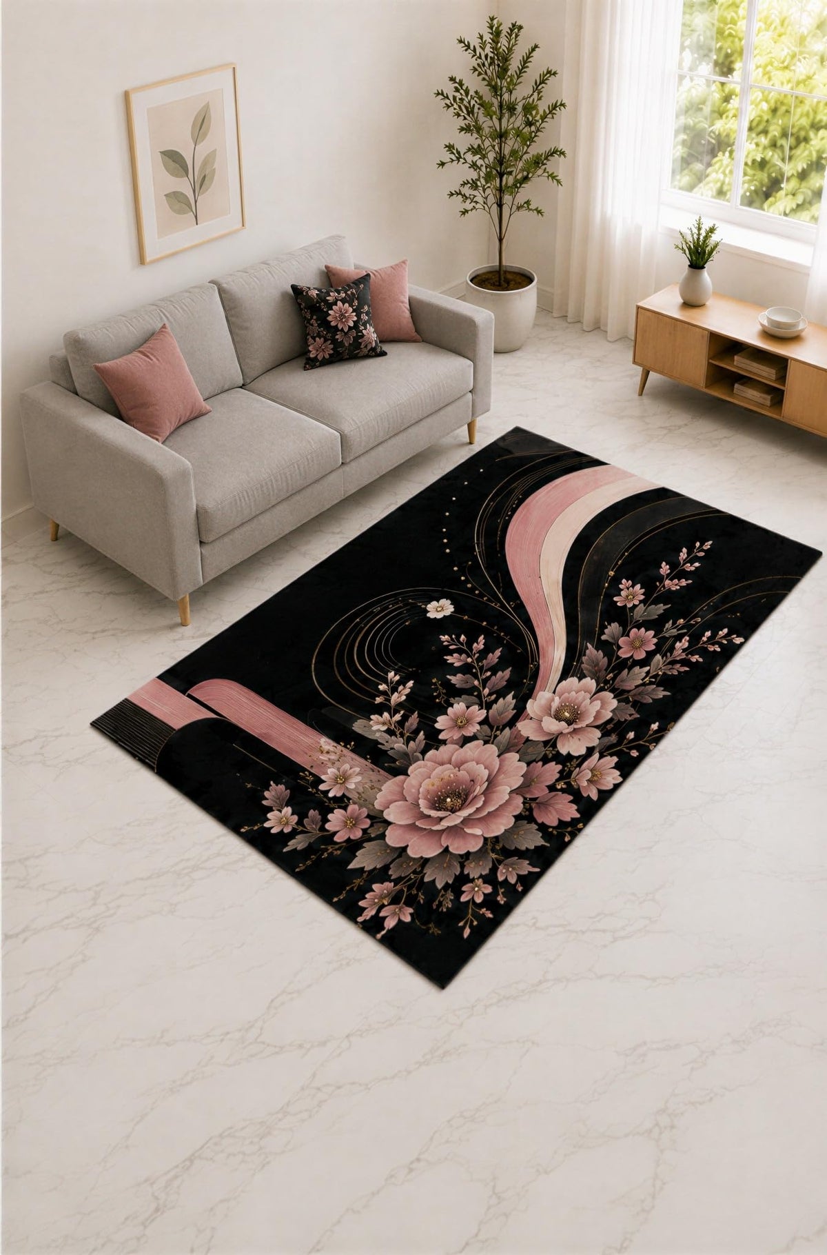 ICE ARMOR "Ultra Lightweight 5' x 7' Pink and Black Modern Peony Accent Area Rug for Living Room, Bedroom and Home Office, Soft Low Pile Carpet with Non-Slip Silicone Backing
