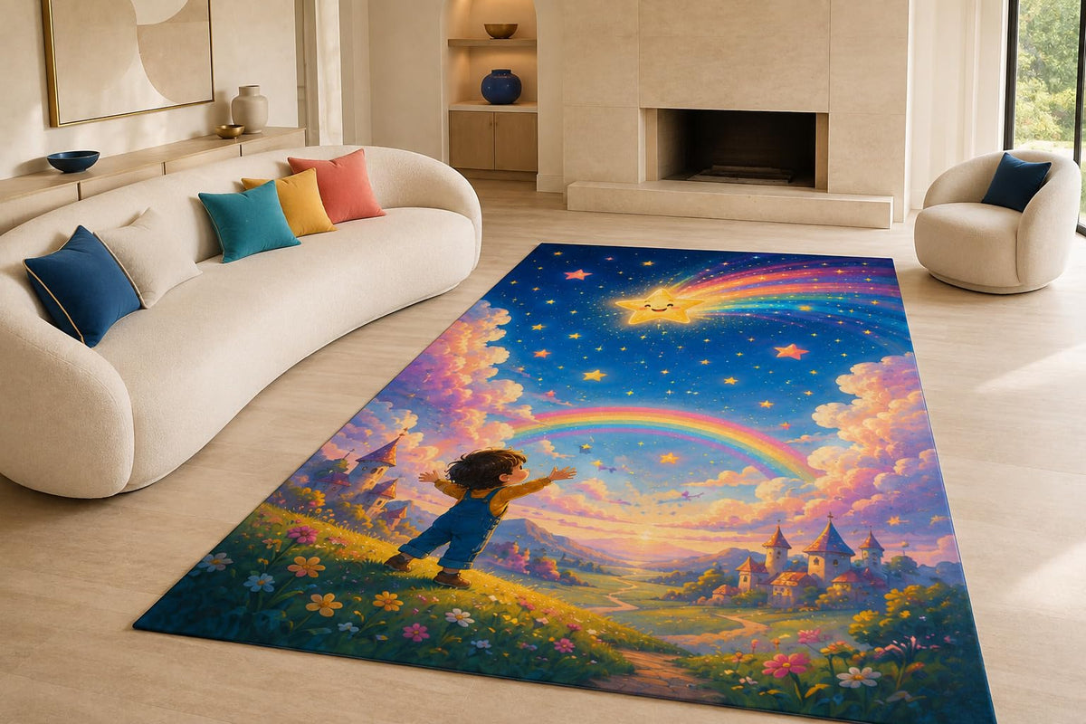 ICE ARMOR "Ultra Lightweight Large 6'7" x 9'10" Rainbow Shooting Star Area Rug for Living Room, Bedroom and Home Office, Soft Low Pile Carpet with Non-Slip Silicone Backing, Blue and Pink