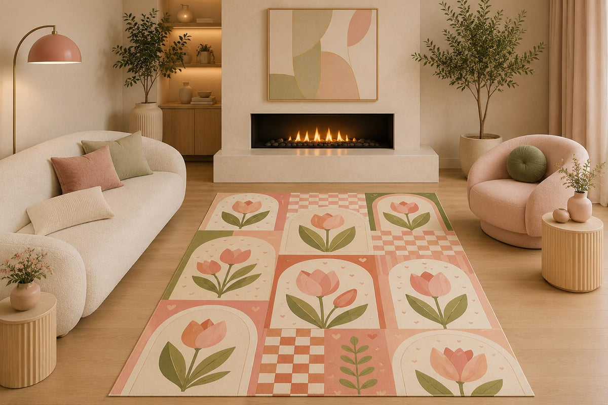 ICE ARMOR 5' x 7' Scandinavian Tulip Patchwork Area Rug Boho Floral Checkerboard Botanical Design for Living Room Bedroom Nursery Kids Room Non-Slip Silicone Backing Low Pile