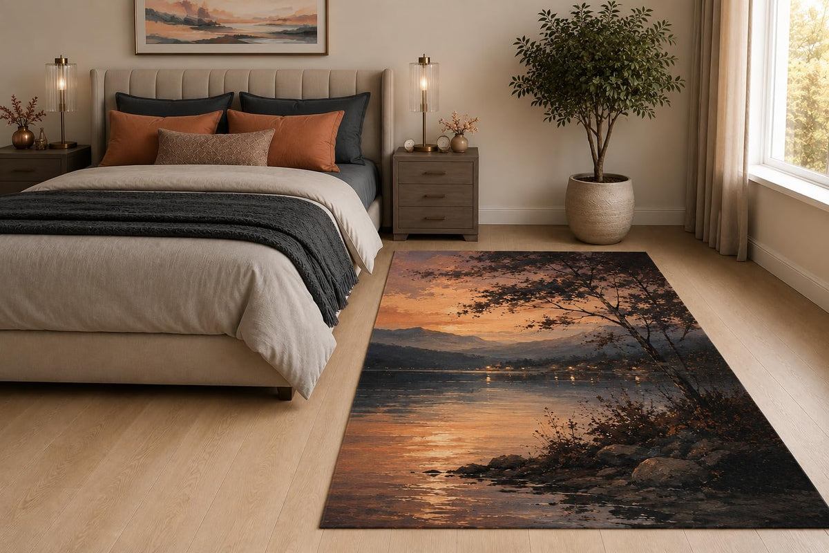 ICE ARMOR "Ultra Light Weight 5' x 7' Sunset Lakeshore Area Rug for Living Room, Bedroom and Home Office, Soft Low Pile Carpet with Non-Slip Silicone Backing, Orange and Charcoal