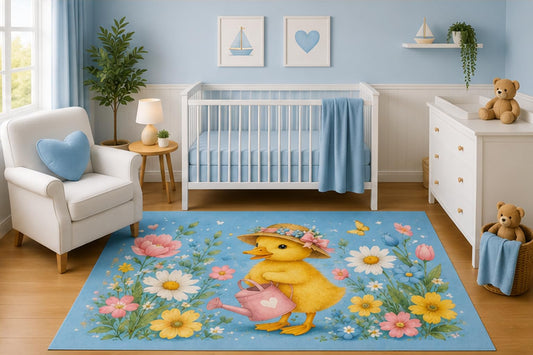 ICE ARMOR 5' x 7' Watercolor Baby Duck with Watering Can Nursery Area Rug, Floral Garden Kids Bedroom Playroom Decor Carpet, Non-Slip Silicone Backing Low Pile