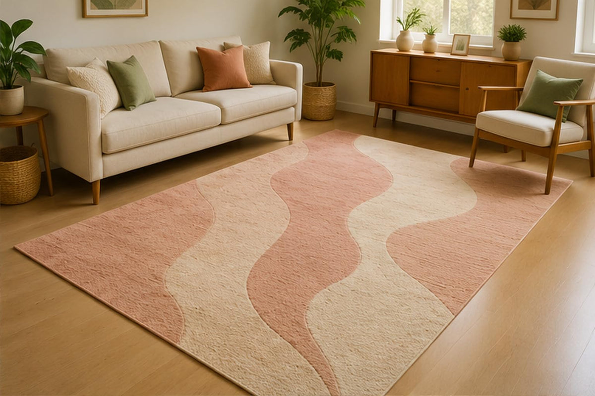 ICE ARMOR 5' x 7' Soft Abstract Flow Area Rug for Living Room, Soft Low Pile Indoor Rug with Non-Slip Silicone Backing, Modern Decorative Carpet for Bedroom, Office, Family Room, Blush Pink Cream